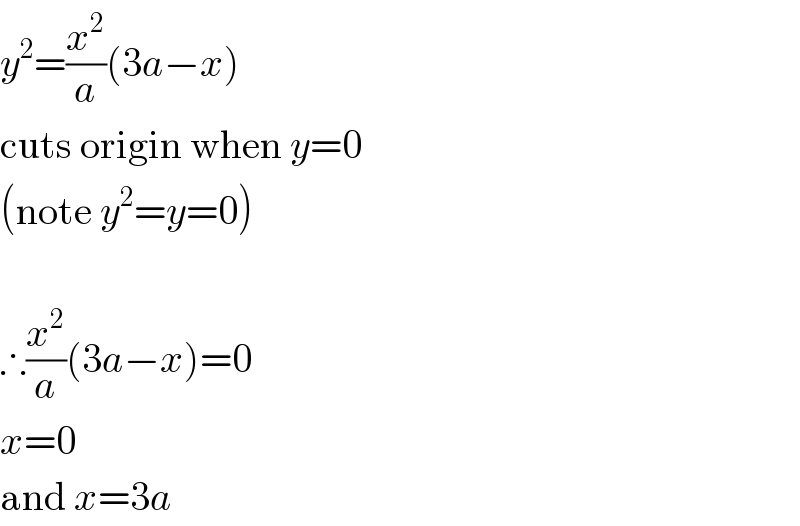 y^2 =(x^2 /a)(3a−x)  cuts origin when y=0  (note y^2 =y=0)     ∴(x^2 /a)(3a−x)=0  x=0  and x=3a  