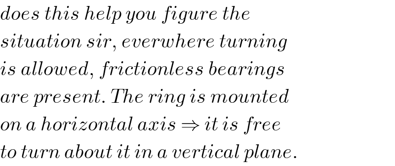 does this help you figure the  situation sir, everwhere turning  is allowed, frictionless bearings  are present. The ring is mounted  on a horizontal axis ⇒ it is free  to turn about it in a vertical plane.  