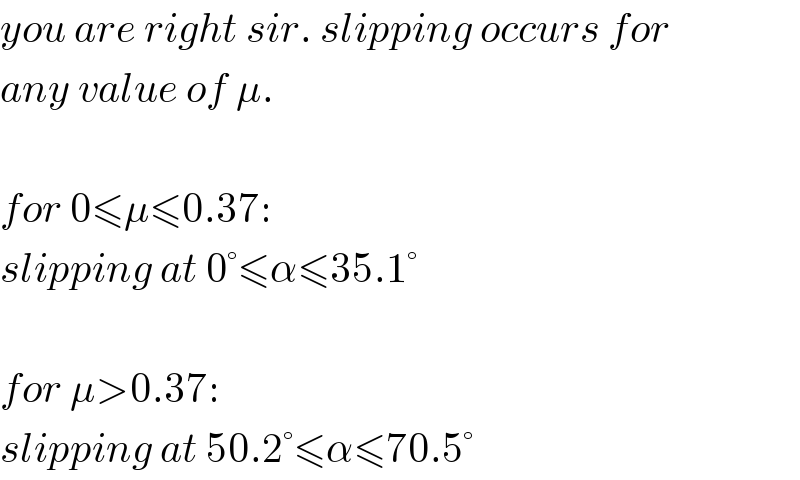 you are right sir. slipping occurs for  any value of μ.    for 0≤μ≤0.37:  slipping at 0°≤α≤35.1°    for μ>0.37:  slipping at 50.2°≤α≤70.5°  