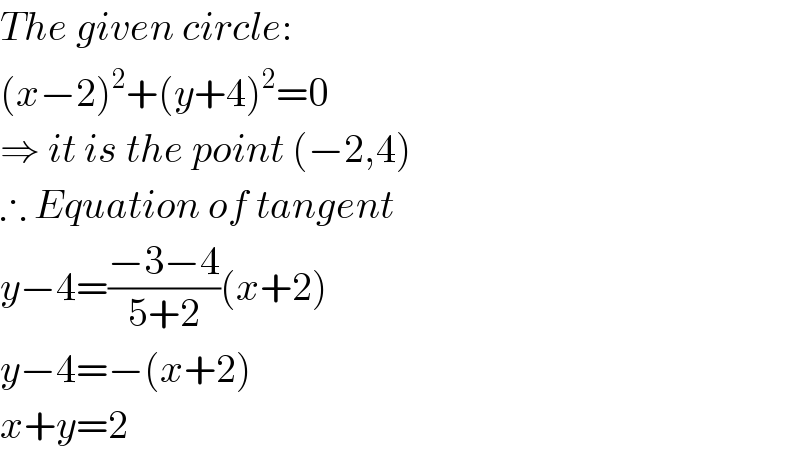 The given circle:  (x−2)^2 +(y+4)^2 =0  ⇒ it is the point (−2,4)  ∴ Equation of tangent  y−4=((−3−4)/(5+2))(x+2)  y−4=−(x+2)  x+y=2  
