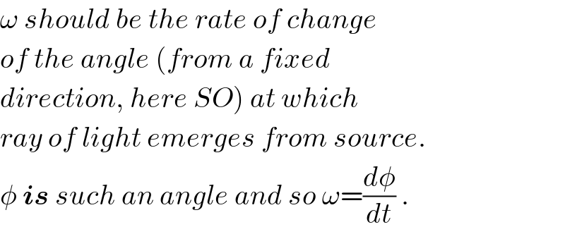 ω should be the rate of change  of the angle (from a fixed  direction, here SO) at which  ray of light emerges from source.  φ is such an angle and so ω=(dφ/dt) .  