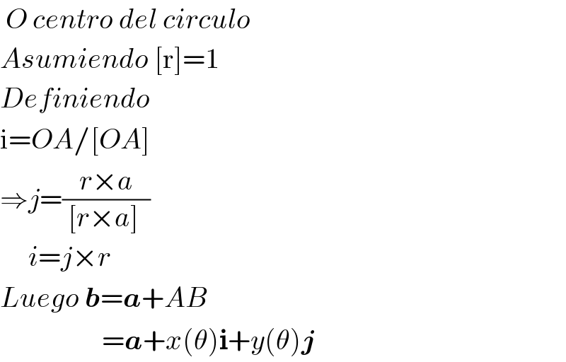  O centro del circulo  Asumiendo [r]=1  Definiendo  i=OA/[OA]  ⇒j=((r×a)/( [r×a]  ))       i=j×r  Luego b=a+AB                    =a+x(θ)i+y(θ)j  
