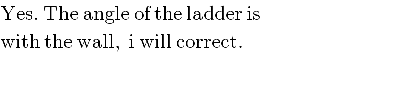 Yes. The angle of the ladder is  with the wall,  i will correct.  