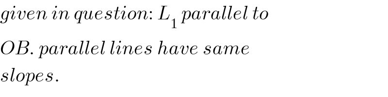 given in question: L_1  parallel to  OB. parallel lines have same  slopes.  