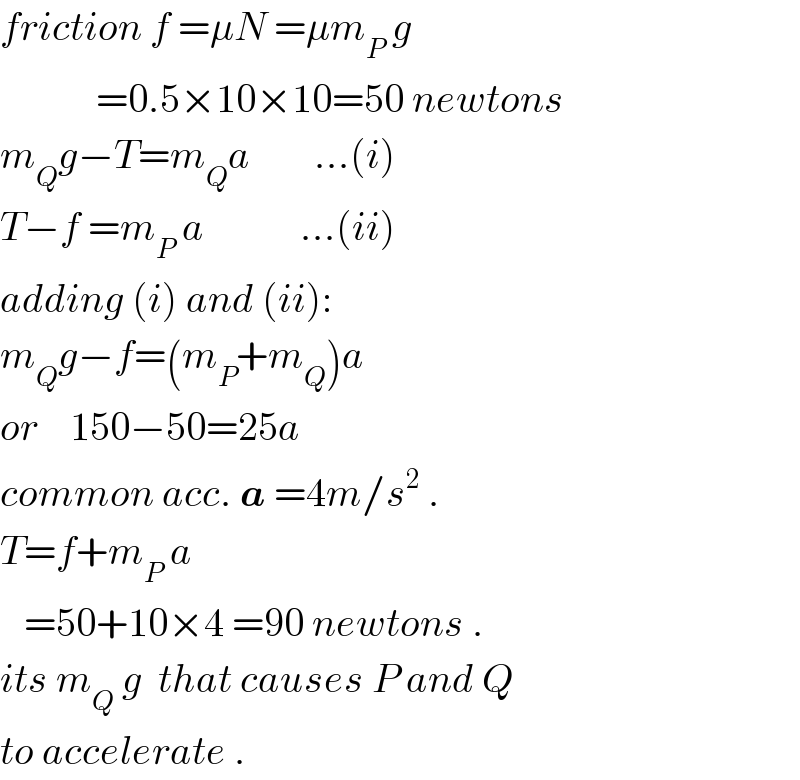 friction f =μN =μm_P  g              =0.5×10×10=50 newtons  m_Q g−T=m_Q a        ...(i)  T−f =m_P  a            ...(ii)  adding (i) and (ii):  m_Q g−f=(m_P +m_Q )a  or    150−50=25a  common acc. a =4m/s^2  .  T=f+m_P  a     =50+10×4 =90 newtons .  its m_Q  g  that causes P and Q  to accelerate .  
