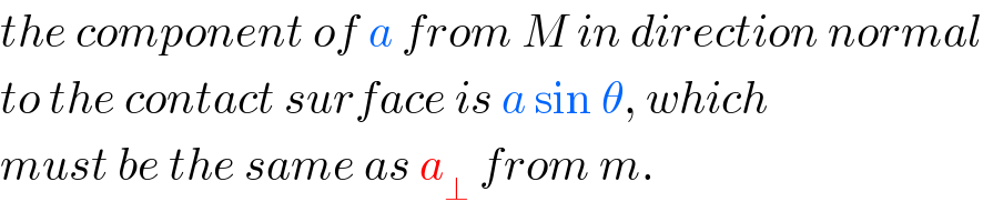 the component of a from M in direction normal  to the contact surface is a sin θ, which  must be the same as a_⊥  from m.  