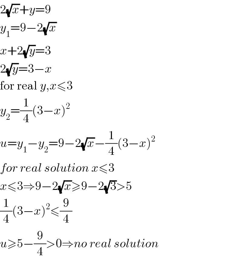 2(√x)+y=9  y_1 =9−2(√x)   x+2(√y)=3  2(√y)=3−x  for real y,x≤3  y_2 =(1/4)(3−x)^2   u=y_1 −y_2 =9−2(√x)−(1/4)(3−x)^2   for real solution x≤3  x≤3⇒9−2(√x)≥9−2(√3)>5  (1/4)(3−x)^2 ≤(9/4)  u≥5−(9/4)>0⇒no real solution  