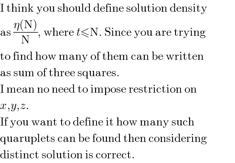 I think you should define solution density  as ((η(N))/N), where t≤N. Since you are trying  to find how many of them can be written  as sum of three squares.  I mean no need to impose restriction on  x,y,z.  If you want to define it how many such  quaruplets can be found then considering  distinct solution is correct.  