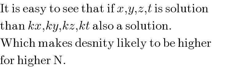 It is easy to see that if x,y,z,t is solution  than kx,ky,kz,kt also a solution.  Which makes desnity likely to be higher  for higher N.  