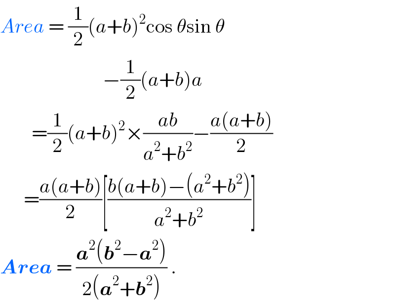 Area = (1/2)(a+b)^2 cos θsin θ                            −(1/2)(a+b)a          =(1/2)(a+b)^2 ×((ab)/(a^2 +b^2 ))−((a(a+b))/2)        =((a(a+b))/2)[((b(a+b)−(a^2 +b^2 ))/(a^2 +b^2 ))]  Area = ((a^2 (b^2 −a^2 ))/(2(a^2 +b^2 ))) .  