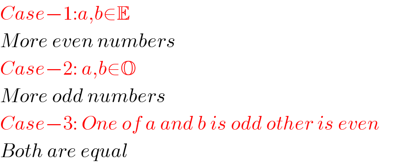Case−1:a,b∈E  More even numbers  Case−2: a,b∈O  More odd numbers  Case−3: One of a and b is odd other is even  Both are equal  