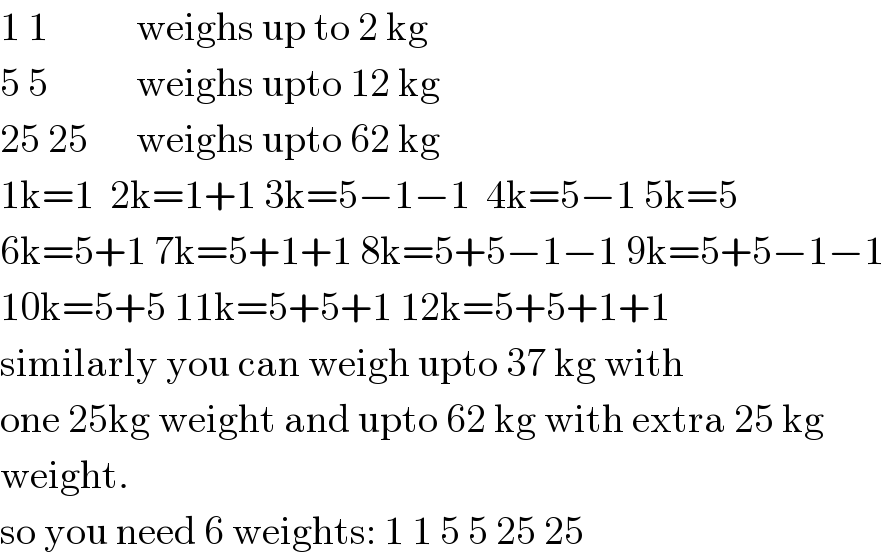 1 1           weighs up to 2 kg  5 5           weighs upto 12 kg  25 25      weighs upto 62 kg  1k=1  2k=1+1 3k=5−1−1  4k=5−1 5k=5  6k=5+1 7k=5+1+1 8k=5+5−1−1 9k=5+5−1−1  10k=5+5 11k=5+5+1 12k=5+5+1+1  similarly you can weigh upto 37 kg with  one 25kg weight and upto 62 kg with extra 25 kg  weight.  so you need 6 weights: 1 1 5 5 25 25  