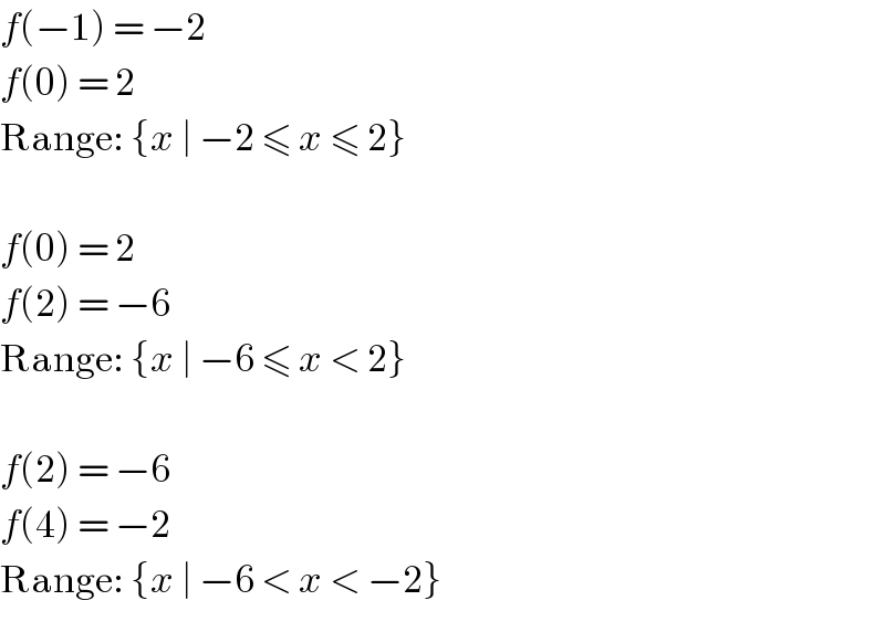 f(−1) = −2  f(0) = 2  Range: {x ∣ −2 ≤ x ≤ 2}    f(0) = 2  f(2) = −6  Range: {x ∣ −6 ≤ x < 2}    f(2) = −6  f(4) = −2  Range: {x ∣ −6 < x < −2}  