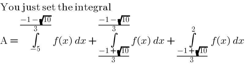 You just set the integral  A = ∫_(−5) ^((−1 − (√(10)))/3)  f(x) dx + ∫_((−1 + (√(10)))/3) ^((−1 − (√(10)))/3)  f(x) dx + ∫_((−1 + (√(10)))/3) ^2   f(x) dx  