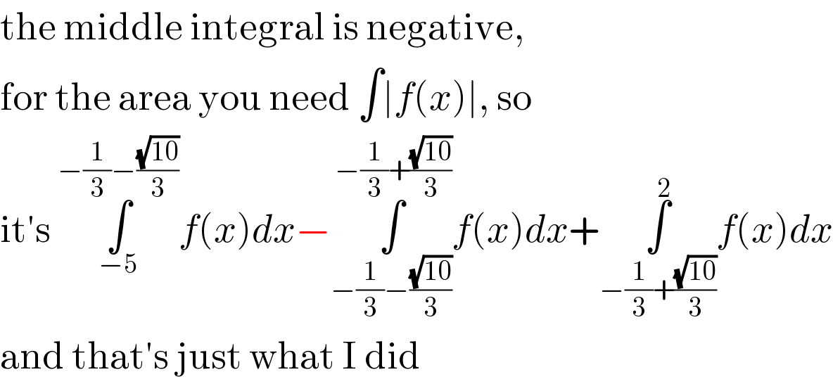 the middle integral is negative,  for the area you need ∫∣f(x)∣, so  it′s ∫_(−5) ^(−(1/3)−((√(10))/3)) f(x)dx−∫_(−(1/3)−((√(10))/3)) ^(−(1/3)+((√(10))/3)) f(x)dx+∫_(−(1/3)+((√(10))/3)) ^2 f(x)dx  and that′s just what I did  