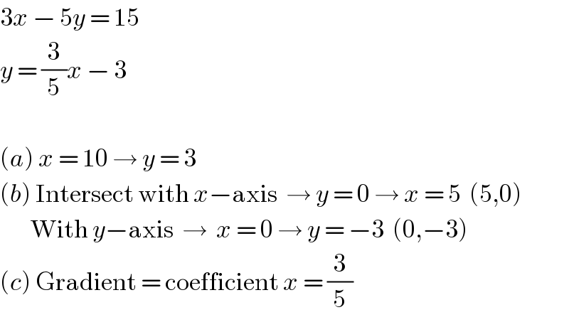 3x − 5y = 15  y = (3/5)x − 3    (a) x = 10 → y = 3  (b) Intersect with x−axis  → y = 0 → x = 5  (5,0)         With y−axis  →  x = 0 → y = −3  (0,−3)  (c) Gradient = coefficient x = (3/5)  