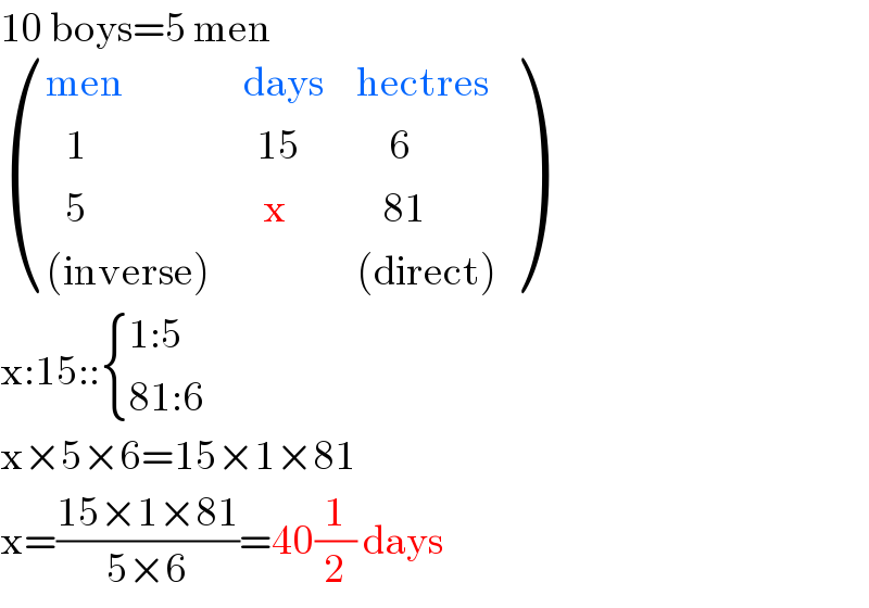 10 boys=5 men   (((men),(days),(hectres)),((   1),(  15),(     6)),((   5),(   x),(    81)),(((inverse)),,((direct))) )  x:15:: { ((1:5)),((81:6)) :}  x×5×6=15×1×81  x=((15×1×81)/(5×6))=40(1/2) days  
