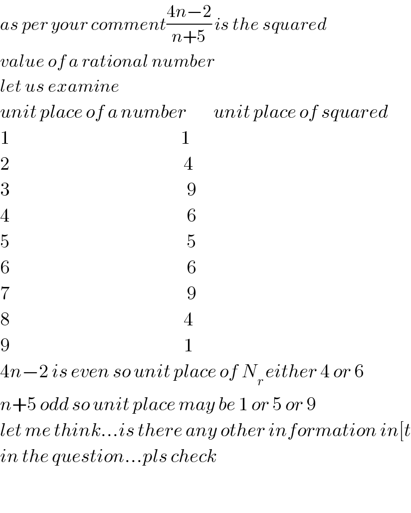 as per your comment((4n−2)/(n+5)) is the squared   value of a rational number  let us examine  unit place of a number         unit place of squared  1                                                         1  2                                                          4  3                                                           9  4                                                           6  5                                                           5  6                                                           6  7                                                           9  8                                                          4  9                                                          1  4n−2 is even so unit place of N_(r ) either 4 or 6  n+5 odd so unit place may be 1 or 5 or 9  let me think...is there any other information in[t  in the question...pls check    
