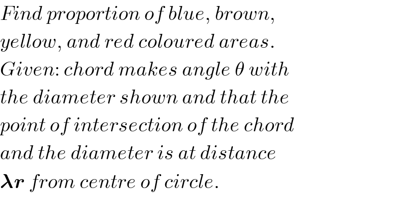 Find proportion of blue, brown,  yellow, and red coloured areas.  Given: chord makes angle θ with  the diameter shown and that the  point of intersection of the chord  and the diameter is at distance  𝛌r from centre of circle.  