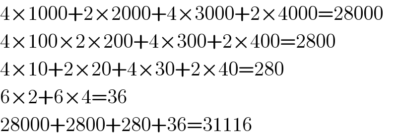 4×1000+2×2000+4×3000+2×4000=28000  4×100×2×200+4×300+2×400=2800  4×10+2×20+4×30+2×40=280  6×2+6×4=36  28000+2800+280+36=31116  