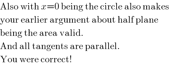 Also with x=0 being the circle also makes  your earlier argument about half plane  being the area valid.  And all tangents are parallel.  You were correct!  