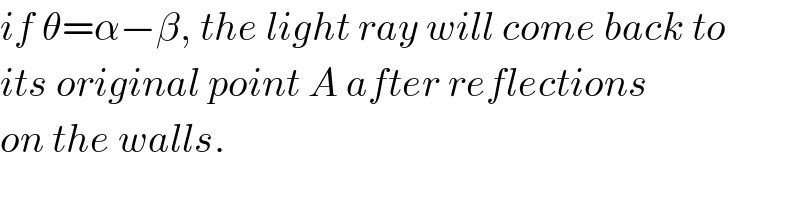 if θ=α−β, the light ray will come back to  its original point A after reflections  on the walls.  