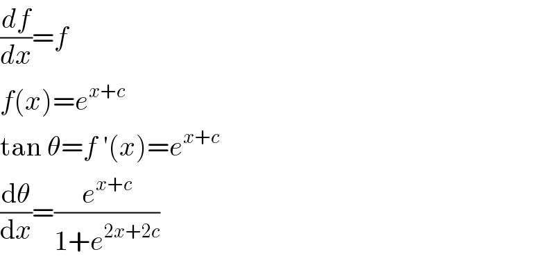 (df/dx)=f  f(x)=e^(x+c)   tan θ=f ′(x)=e^(x+c)   (dθ/dx)=(e^(x+c) /(1+e^(2x+2c) ))  