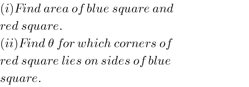 (i)Find area of blue square and   red square.  (ii)Find θ for which corners of  red square lies on sides of blue  square.  