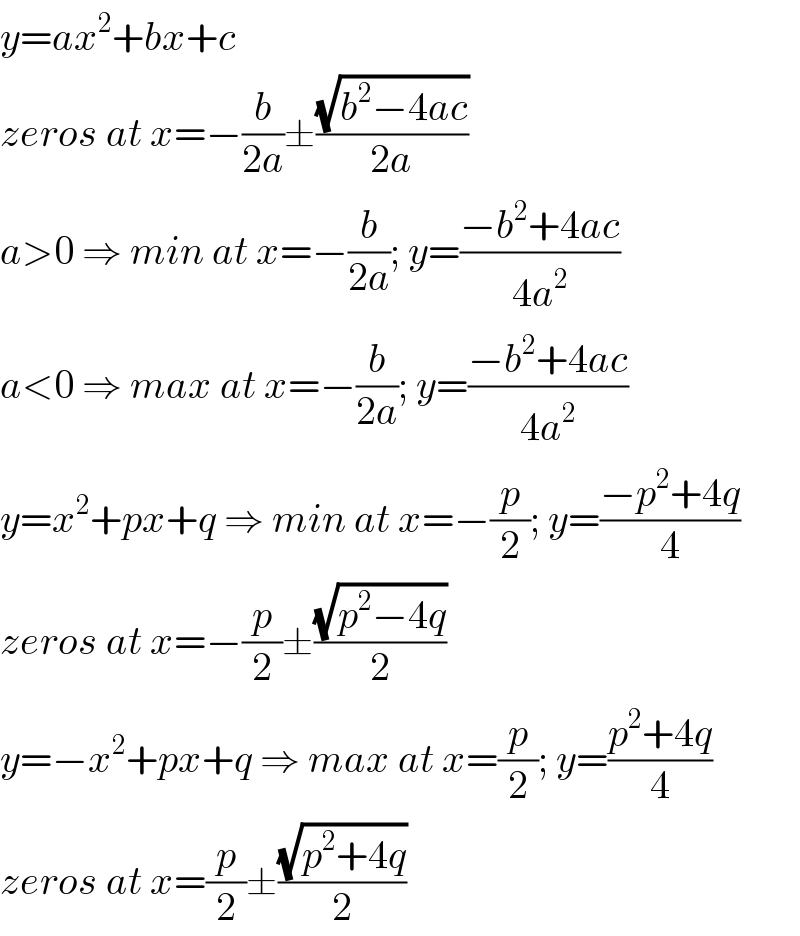 y=ax^2 +bx+c  zeros at x=−(b/(2a))±((√(b^2 −4ac))/(2a))  a>0 ⇒ min at x=−(b/(2a)); y=((−b^2 +4ac)/(4a^2 ))  a<0 ⇒ max at x=−(b/(2a)); y=((−b^2 +4ac)/(4a^2 ))  y=x^2 +px+q ⇒ min at x=−(p/2); y=((−p^2 +4q)/4)  zeros at x=−(p/2)±((√(p^2 −4q))/2)  y=−x^2 +px+q ⇒ max at x=(p/2); y=((p^2 +4q)/4)  zeros at x=(p/2)±((√(p^2 +4q))/2)  