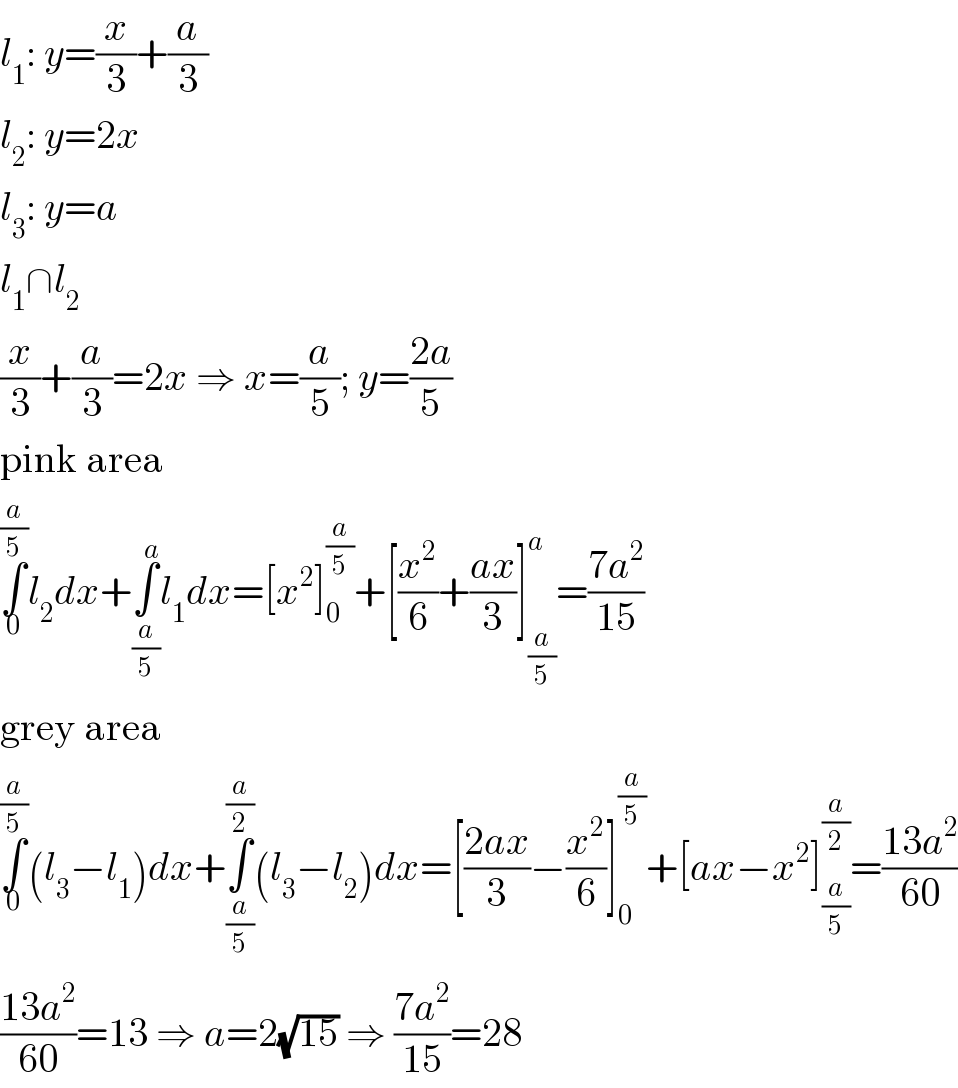 l_1 : y=(x/3)+(a/3)  l_2 : y=2x  l_3 : y=a  l_1 ∩l_2   (x/3)+(a/3)=2x ⇒ x=(a/5); y=((2a)/5)  pink area  ∫_0 ^(a/5) l_2 dx+∫_(a/5) ^a l_1 dx=[x^2 ]_0 ^(a/5) +[(x^2 /6)+((ax)/3)]_(a/5) ^a =((7a^2 )/(15))  grey area  ∫_0 ^(a/5) (l_3 −l_1 )dx+∫_(a/5) ^(a/2) (l_3 −l_2 )dx=[((2ax)/3)−(x^2 /6)]_0 ^(a/5) +[ax−x^2 ]_(a/5) ^(a/2) =((13a^2 )/(60))  ((13a^2 )/(60))=13 ⇒ a=2(√(15)) ⇒ ((7a^2 )/(15))=28  