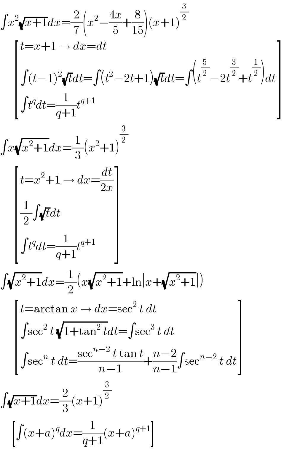 ∫x^2 (√(x+1))dx=(2/7)(x^2 −((4x)/5)+(8/(15)))(x+1)^(3/2)         [((t=x+1 → dx=dt)),((∫(t−1)^2 (√t)dt=∫(t^2 −2t+1)(√t)dt=∫(t^(5/2) −2t^(3/2) +t^(1/2) )dt)),((∫t^q dt=(1/(q+1))t^(q+1) )) ]  ∫x(√(x^2 +1))dx=(1/3)(x^2 +1)^(3/2)         [((t=x^2 +1 → dx=(dt/(2x)))),(((1/2)∫(√t)dt)),((∫t^q dt=(1/(q+1))t^(q+1) )) ]  ∫(√(x^2 +1))dx=(1/2)(x(√(x^2 +1))+ln∣x+(√(x^2 +1))∣)        [((t=arctan x → dx=sec^2  t dt)),((∫sec^2  t (√(1+tan^2  t))dt=∫sec^3  t dt)),((∫sec^n  t dt=((sec^(n−2)  t tan t)/(n−1))+((n−2)/(n−1))∫sec^(n−2)  t dt)) ]  ∫(√(x+1))dx=(2/3)(x+1)^(3/2)        [∫(x+a)^q dx=(1/(q+1))(x+a)^(q+1) ]  