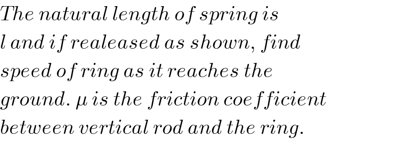 The natural length of spring is  l and if realeased as shown, find  speed of ring as it reaches the  ground. μ is the friction coefficient  between vertical rod and the ring.  