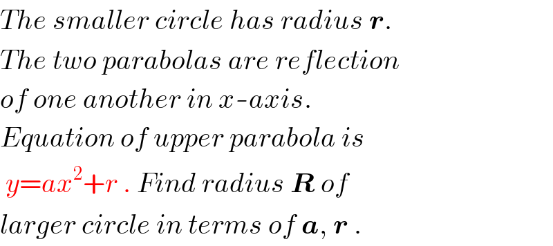 The smaller circle has radius r.  The two parabolas are reflection  of one another in x-axis.  Equation of upper parabola is   y=ax^2 +r . Find radius R of   larger circle in terms of a, r .  