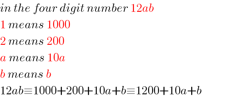 in the four digit number 12ab  1 means 1000  2 means 200  a means 10a  b means b  12ab≡1000+200+10a+b≡1200+10a+b  
