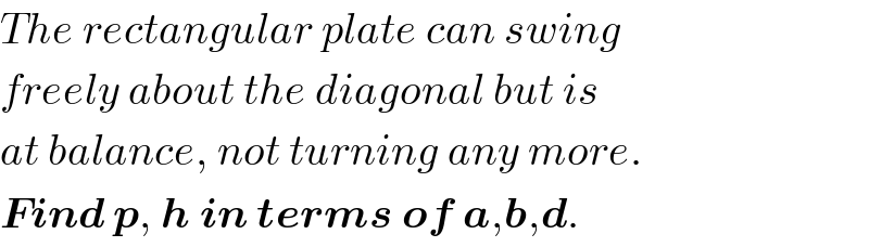 The rectangular plate can swing  freely about the diagonal but is  at balance, not turning any more.  Find p, h in terms of a,b,d.  