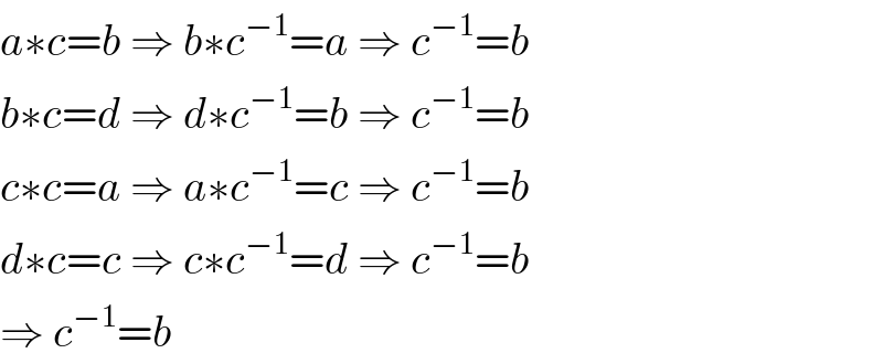 a∗c=b ⇒ b∗c^(−1) =a ⇒ c^(−1) =b  b∗c=d ⇒ d∗c^(−1) =b ⇒ c^(−1) =b  c∗c=a ⇒ a∗c^(−1) =c ⇒ c^(−1) =b  d∗c=c ⇒ c∗c^(−1) =d ⇒ c^(−1) =b  ⇒ c^(−1) =b  
