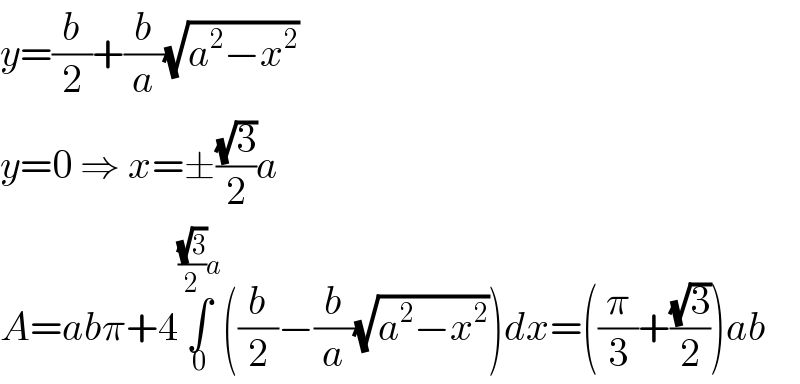 y=(b/2)+(b/a)(√(a^2 −x^2 ))  y=0 ⇒ x=±((√3)/2)a  A=abπ+4∫_0 ^(((√3)/2)a) ((b/2)−(b/a)(√(a^2 −x^2 )))dx=((π/3)+((√3)/2))ab  