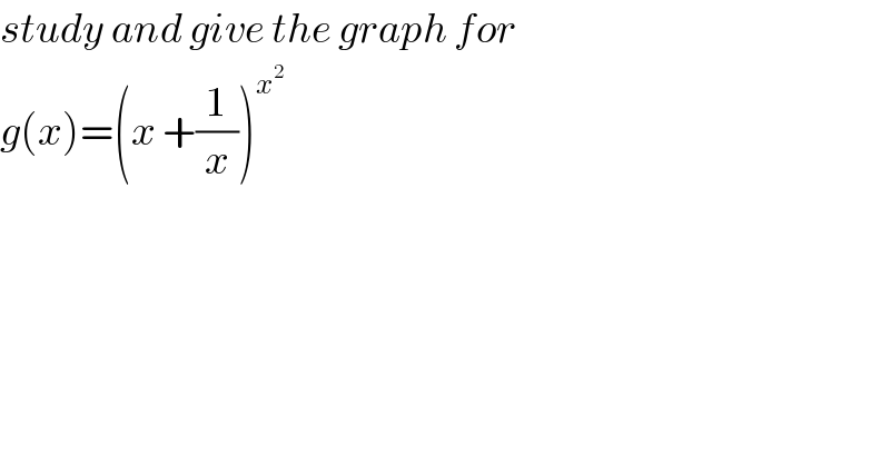 study and give the graph for   g(x)=(x +(1/x))^x^2    