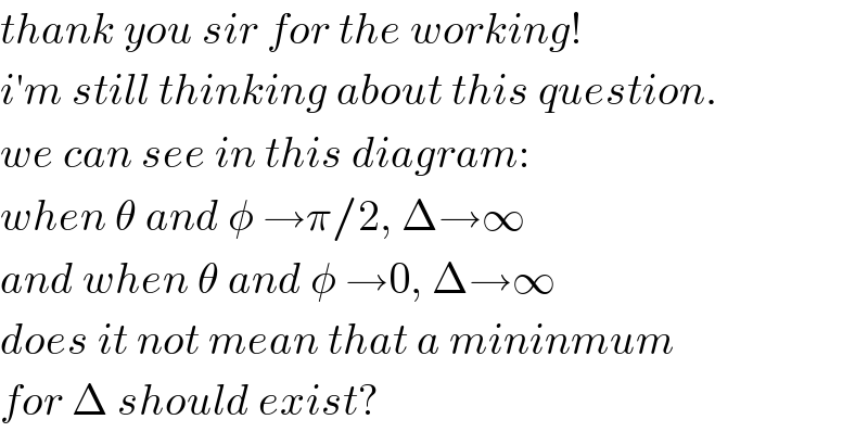 thank you sir for the working!  i′m still thinking about this question.  we can see in this diagram:  when θ and φ →π/2, Δ→∞  and when θ and φ →0, Δ→∞  does it not mean that a mininmum  for Δ should exist?  