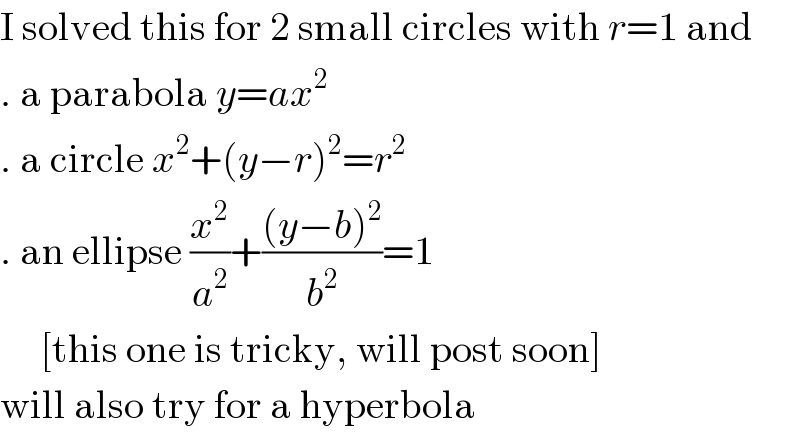 I solved this for 2 small circles with r=1 and  . a parabola y=ax^2   . a circle x^2 +(y−r)^2 =r^2   . an ellipse (x^2 /a^2 )+(((y−b)^2 )/b^2 )=1       [this one is tricky, will post soon]  will also try for a hyperbola  