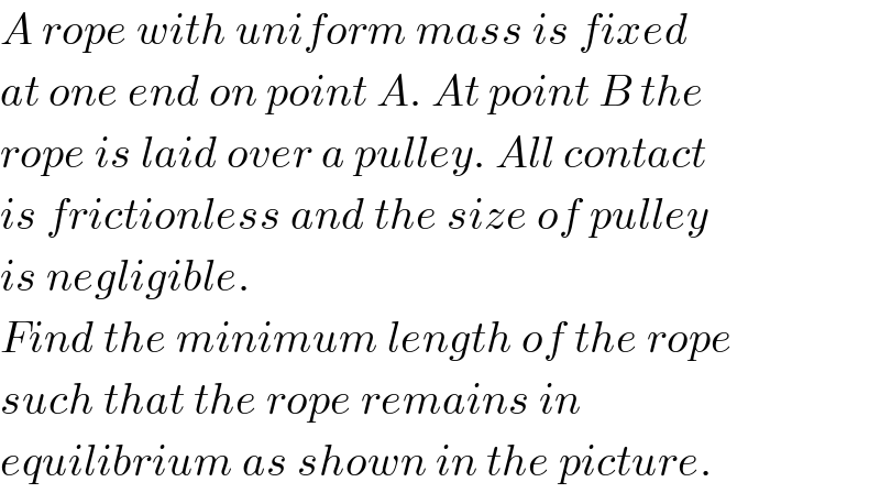 A rope with uniform mass is fixed  at one end on point A. At point B the  rope is laid over a pulley. All contact  is frictionless and the size of pulley  is negligible.  Find the minimum length of the rope  such that the rope remains in  equilibrium as shown in the picture.  