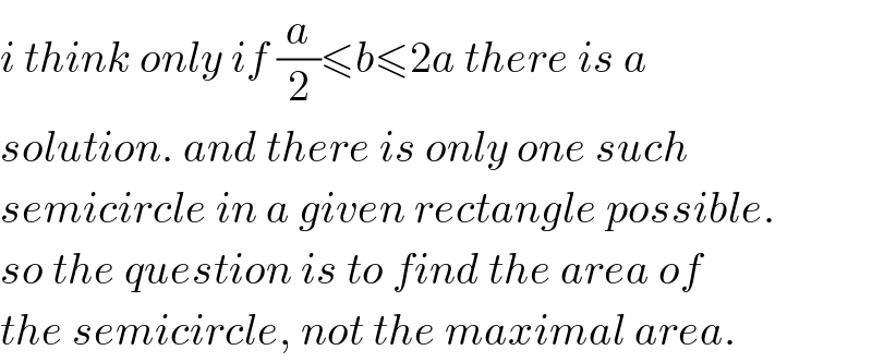 i think only if (a/2)≤b≤2a there is a  solution. and there is only one such  semicircle in a given rectangle possible.  so the question is to find the area of  the semicircle, not the maximal area.  