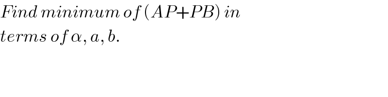 Find minimum of (AP+PB) in  terms of α, a, b.  