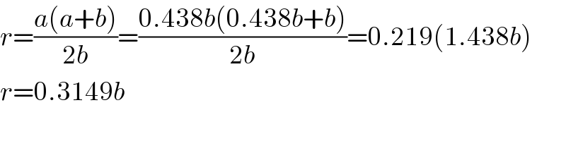r=((a(a+b))/(2b))=((0.438b(0.438b+b))/(2b))=0.219(1.438b)  r=0.3149b  