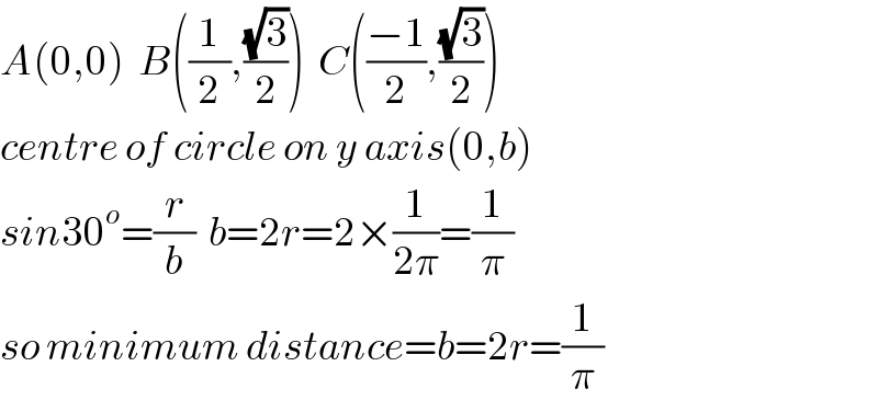 A(0,0)  B((1/2),((√3)/2))  C(((−1)/2),((√3)/2))  centre of circle on y axis(0,b)  sin30^o =(r/b)  b=2r=2×(1/(2π))=(1/π)  so minimum distance=b=2r=(1/π)  