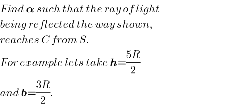 Find 𝛂 such that the ray of light  being reflected the way shown,  reaches C from S.  For example lets take h=((5R)/2)  and b=((3R)/2).  