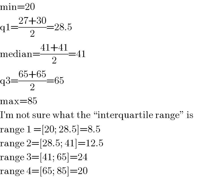 min=20  q1=((27+30)/2)=28.5  median=((41+41)/2)=41  q3=((65+65)/2)=65  max=85  I′m not sure what the “interquartile range” is  range 1 =[20; 28.5]=8.5  range 2=[28.5; 41]=12.5  range 3=[41; 65]=24  range 4=[65; 85]=20  