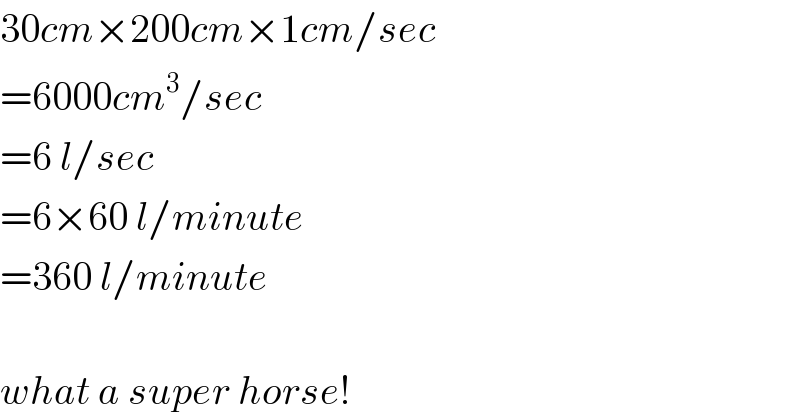 30cm×200cm×1cm/sec  =6000cm^3 /sec  =6 l/sec  =6×60 l/minute  =360 l/minute    what a super horse!  