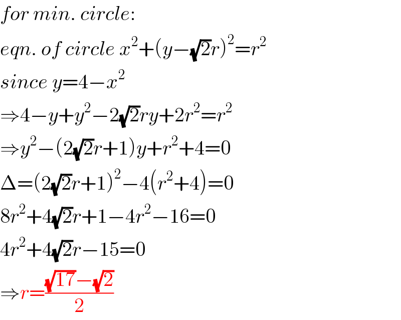 for min. circle:  eqn. of circle x^2 +(y−(√2)r)^2 =r^2   since y=4−x^2   ⇒4−y+y^2 −2(√2)ry+2r^2 =r^2   ⇒y^2 −(2(√2)r+1)y+r^2 +4=0  Δ=(2(√2)r+1)^2 −4(r^2 +4)=0  8r^2 +4(√2)r+1−4r^2 −16=0  4r^2 +4(√2)r−15=0  ⇒r=(((√(17))−(√2))/2)  