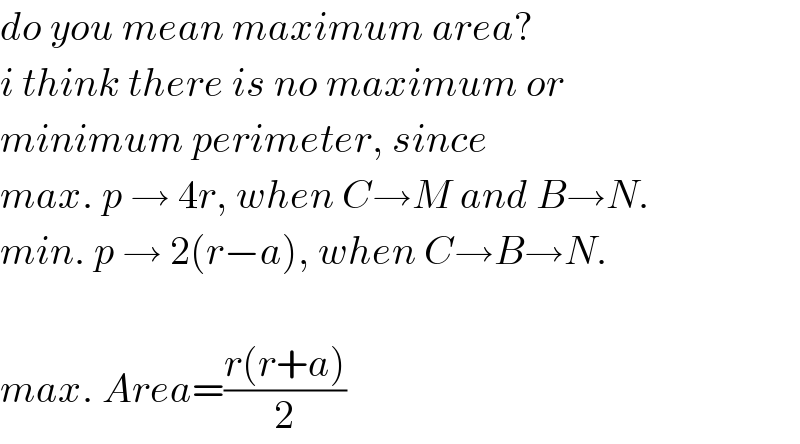 do you mean maximum area?  i think there is no maximum or  minimum perimeter, since  max. p → 4r, when C→M and B→N.  min. p → 2(r−a), when C→B→N.    max. Area=((r(r+a))/2)  